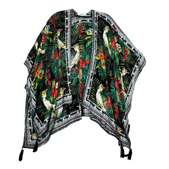 Nine West Kimono Women One Size White Black Green Botanical Cockatoo Boho Nature - Picture 1 of 7
